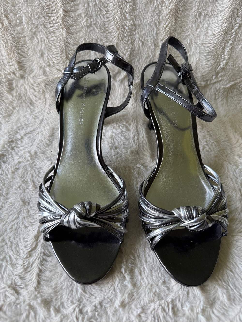 Etienne Aigner Metallic Silver Knot-Front Ankle-Strap Sandals NWOT